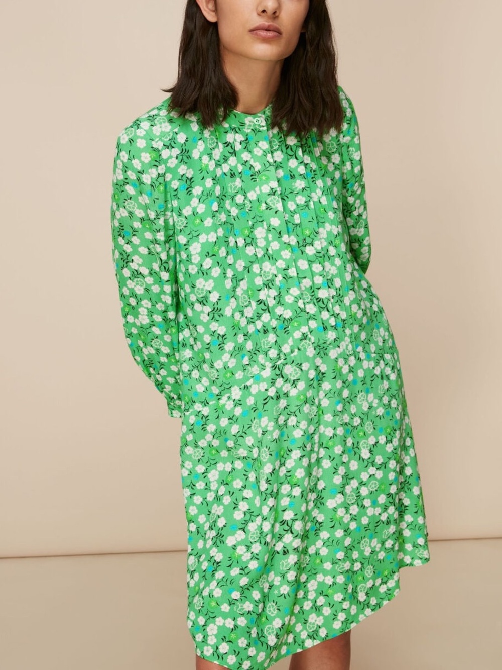 Whistles Green Ditsy Floral Pintuck Fit & Flare Mini Dress US 2 8987